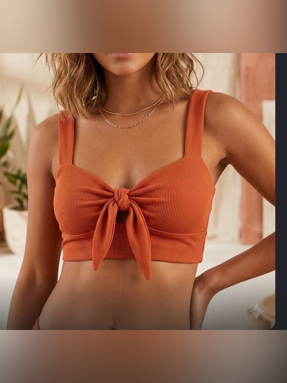 Women’s Ribbed Tie-Front Crop Top - Rust Orange/Terracotta